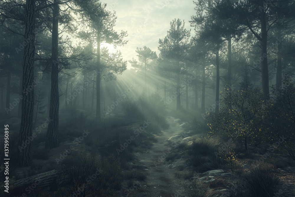 Fototapeta premium Misty Pine Forest with Dramatic Sunbeams – Atmospheric Wilderness Landscape