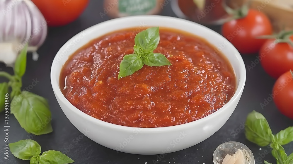 Delicious Homemade Tomato Sauce in Bowl with Basil Delicious Homemade Tomato Sauce in Bowl with Basil