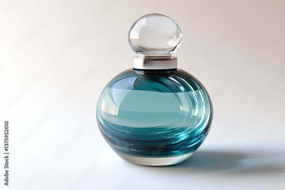 Elegant blue glass perfume bottle sits on a white surface elegantly Elegant blue glass perfume bottle sits on a white surface elegantly