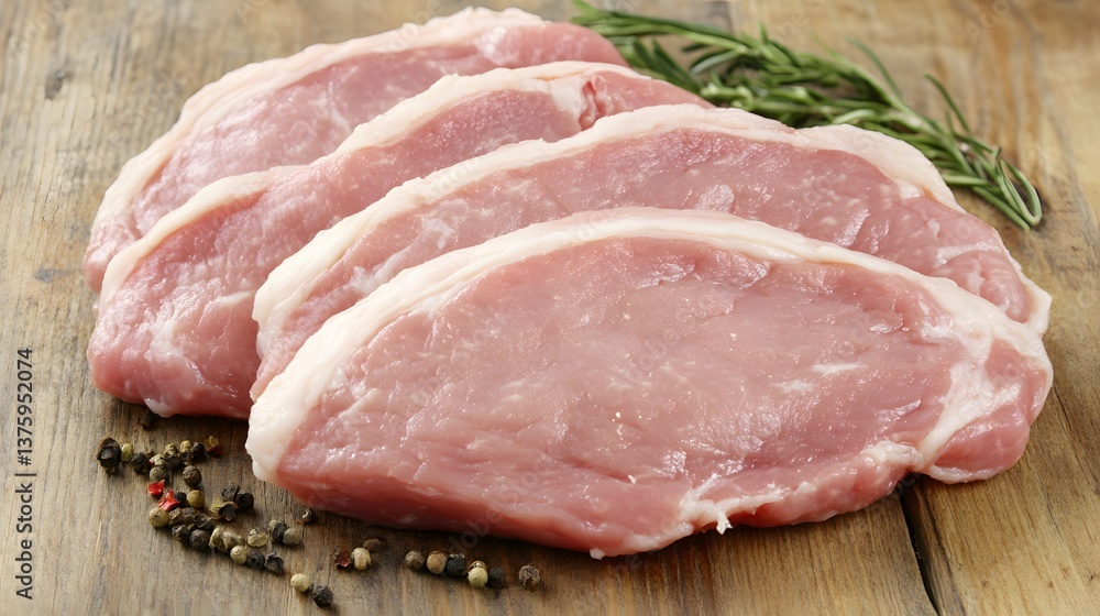 Raw Pork Chops on Wooden Board with Rosemary and Peppercorns Raw Pork Chops on Wooden Board with Rosemary and Peppercorns