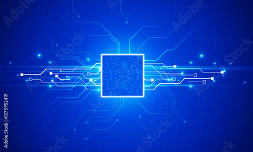 Brightly glowing AI chip on light circuit board on technology blue technology of symbol Hitech communication concept of private key digital world, vector design.