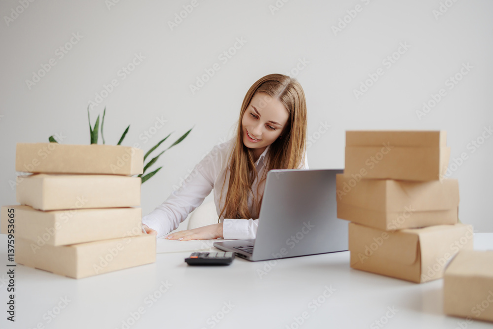 Young woman working at a desk surrounded by cardboard boxes and a laptop in a bright office environment Young woman working at a desk surrounded by cardboard boxes and a laptop in a bright office environment