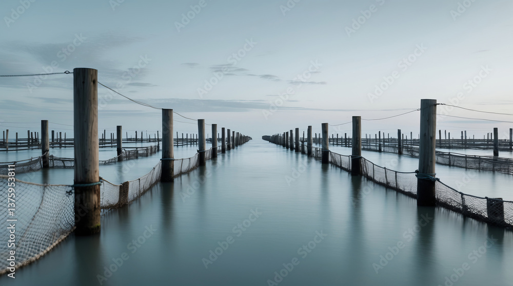Tranquil view of fishing piers at dawn in calm water with nets stretched between posts Tranquil view of fishing piers at dawn in calm water with nets stretched between posts