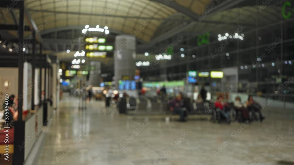 Blurred view of people sitting and walking in a modern airport terminal with bright bokeh lighting, creating a busy, lively indoor atmosphere. Blurred view of people sitting and walking in a modern airport terminal with bright bokeh lighting, creating a busy, lively indoor atmosphere.