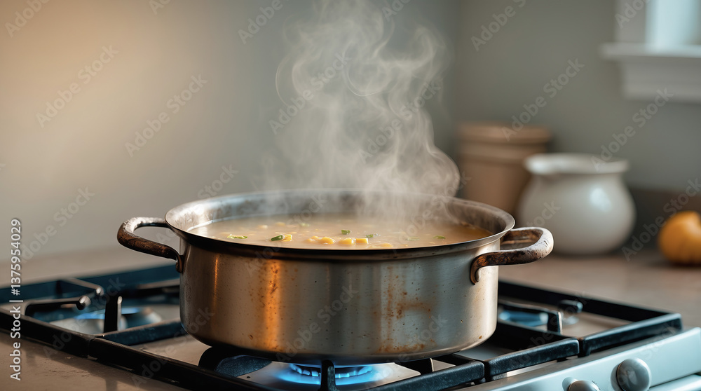 Steam rises from a pot of soup simmering on a gas stove in a cozy kitchen during late afternoon Steam rises from a pot of soup simmering on a gas stove in a cozy kitchen during late afternoon