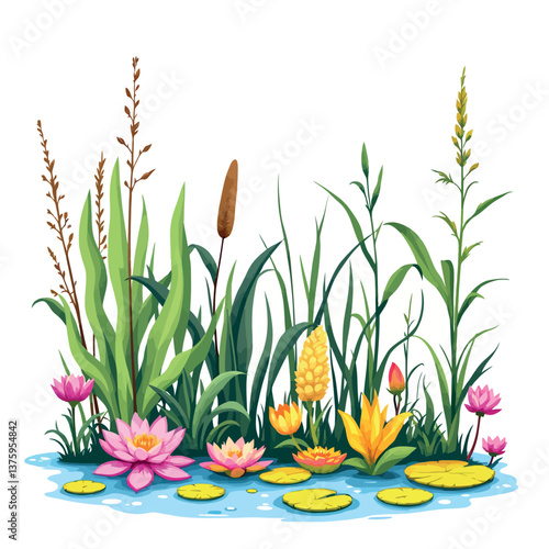 Blooming water lilies and reeds growing in the pond