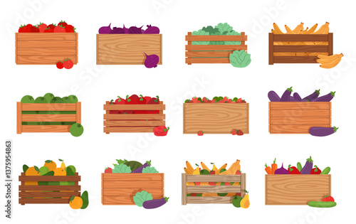 Wooden boxes with vegetables and fruits. Organic market pack, harvest in containers, agriculture crates, storage, export fresh natural food, cartoon flat style isolated nowaday vector set