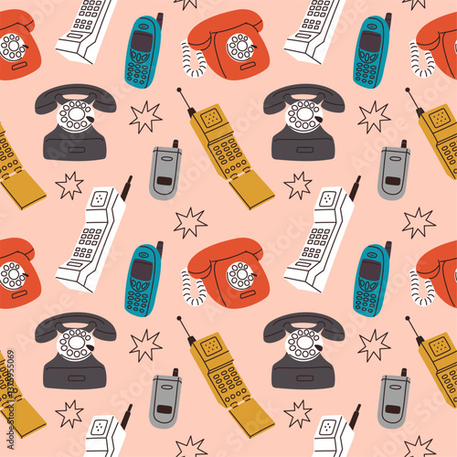 Retro phones seamless pattern. Vintage and modern dial telephones, old wireless electronic gadgets, 80s, 90s. Textile, wrapping, wallpaper. Print for fabric garish vector nostalgia background