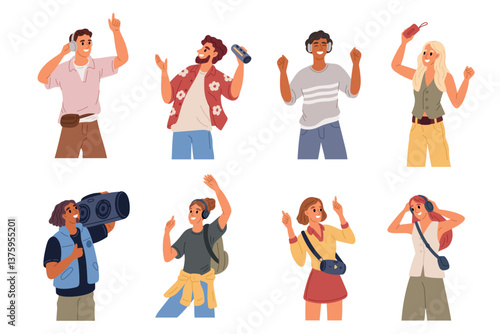 People with headphones and speakers. Happy modern guys and girls listen music, young men and women joyful melomans dancing and have fun, cartoon flat style isolated garish vector set