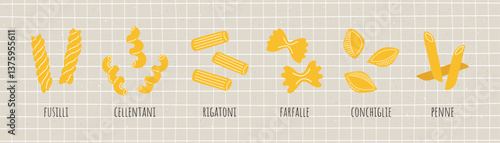 Illustration of different pasta types with names. Vector illustration of various Italian macaroni isolated on chequered background.