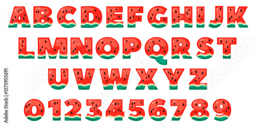 Funny summer watermelon alphabet. Trendy juicy font, fresh sweet fruit english letters and numbers, kids tasty abc design, trendy marmalade food typeface, recent vector isolated cartoon set