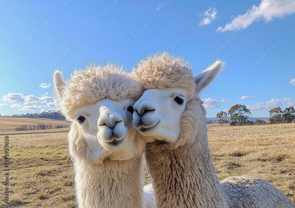 Obraz premium Adorable alpacas gently touching noses in a sunny meadow at sunset. Heartwarming animal interaction, perfect for concepts of friendship, love, cuteness, and nature bonding.