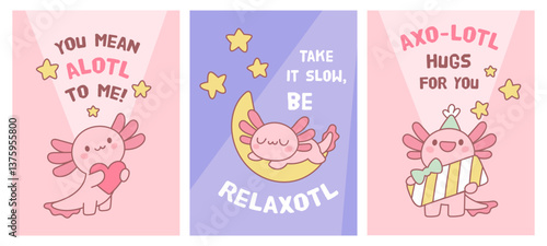 Funny axolotls cards. Cute pink amphibian character, cartoon newt, salamander, kawaii animal mascot, banners with text, reptile creatures, childish print, comic isolated garish vector set