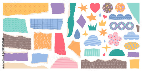 Color torn paper. Cut pieces with uneven edges and patterns, patchwork or scrapbooking fragments, collage art elements, isolated decorative abstract fragments, sticker classy vector set