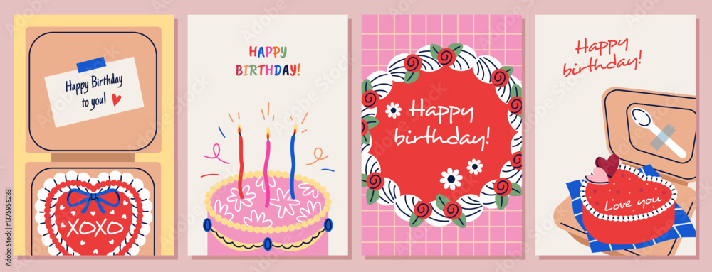 Cake birthday cards. Korean bento pastry, cute small sugar and fruits desserts in cute lunch boxes, holiday tea party sweets, party poster, cartoon flat style isolated tidy vector set