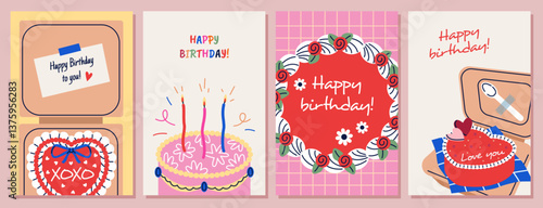 Obraz na płótnie Cake birthday cards. Korean bento pastry, cute small sugar and fruits desserts in cute lunch boxes, holiday tea party sweets, party poster, cartoon flat style isolated tidy vector set w salonie