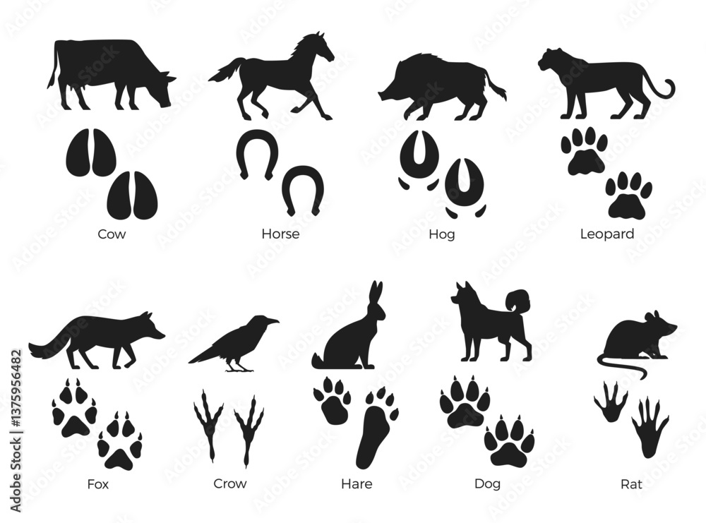 Animals silhouettes with footprint. Mammals, rodents, birds black paws prints, wild life representatives, cow, rat, hare, isolated elements with text, wildlife footstep, nowaday vector set