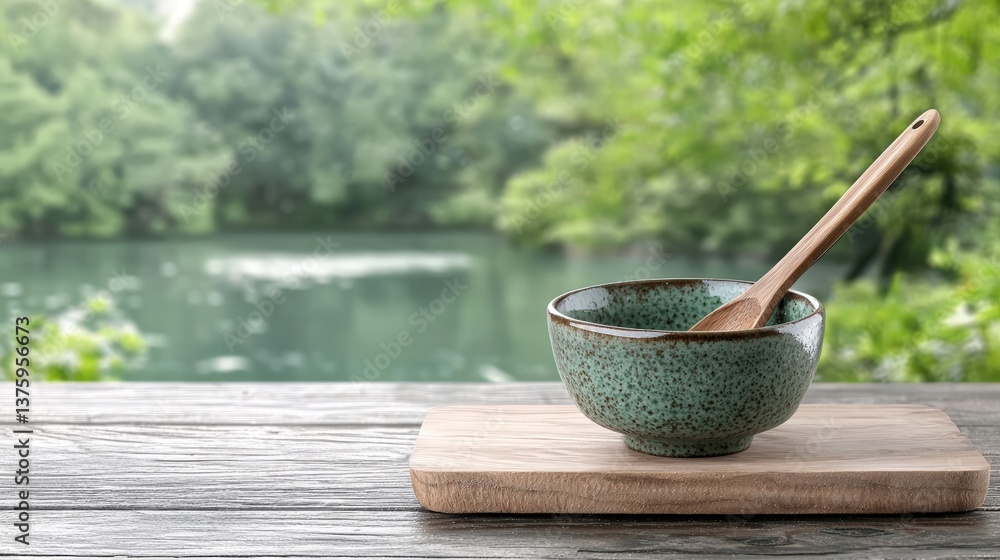 Rustic wooden table setting featuring a bowl and spoon perfect for cozy home cooking experiences Rustic wooden table setting featuring a bowl and spoon perfect for cozy home cooking experiences