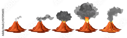 Active volcano animation. Time lapse red hot lava eruption process, natural seismic activity, mountain rock crater, cartoon flat style isolated on white background qualitative vector set
