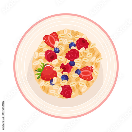 Bowl of oatmeal porridge with berries. Healthy cereal breakfast flat vector illustration on white. Plate of oat flakes with milk, raspberry and blueberry ready to eat morning food design element