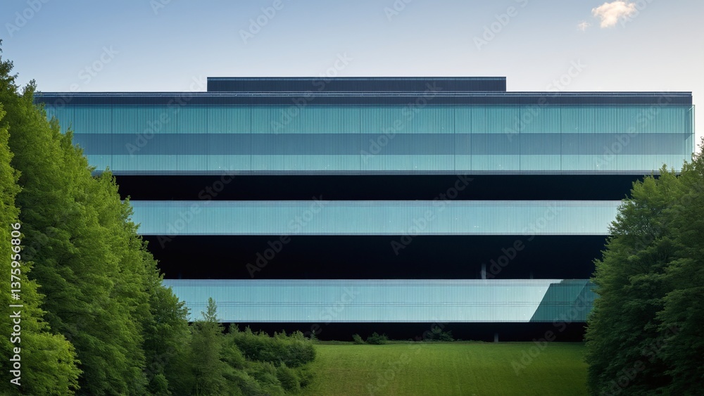 Fototapeta premium Modern Architecture: A Linear Glass Building Harmoniously Blended with Lush Greenery, Creating an Inspiring and Contemporary Landscape.