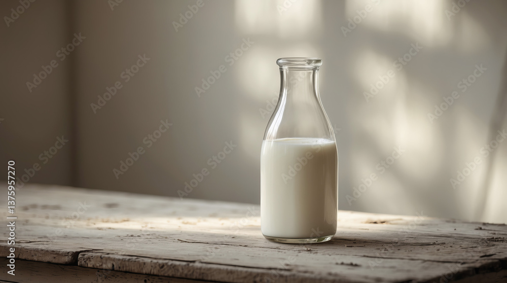 Milk in a glass bottle on an old wooden table with soft sunlight pouring through a window in a cozy setting Milk in a glass bottle on an old wooden table with soft sunlight pouring through a window in a cozy setting