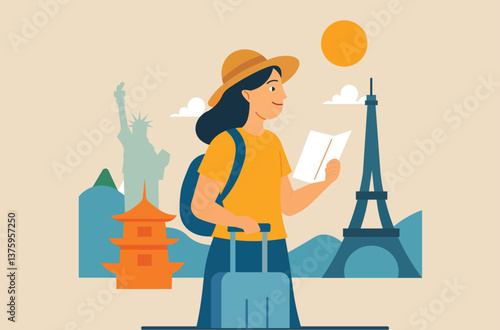 World travel adventure. Global exploration. Woman with luggage and map, surrounded by iconic landmarks.  Tourism, exploration, and international travel concept.