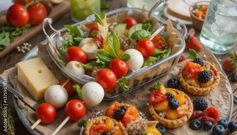 The image shows a arrangement of colorful food. A salad containing cheese, tomatoes, and greens is in a glass serving dish. Small pastries with fruit rest on a table. The image shows a arrangement of colorful food. A salad containing cheese, tomatoes, and greens is in a glass serving dish. Small pastries with fruit rest on a table.