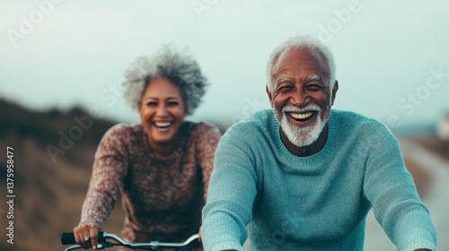 Obraz na płótnie Joyful senior couple laughing while cycling on scenic road promoting love, vitality and active lifestyle in later years w salonie
