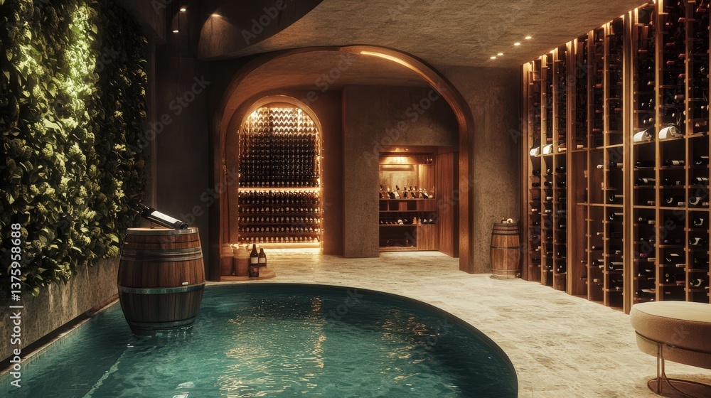 Fototapeta premium An elegant wine cellar featuring barrels a pool and storage