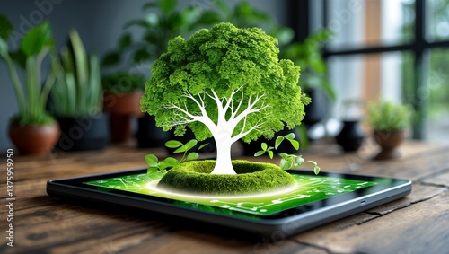 Emerging tree icon on digital tablet for sustainable urban greening