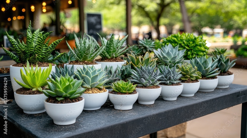 Fototapeta premium Colorful succulents arranged in white pots captivate visitors looking for inspiration for their garden or indoor space