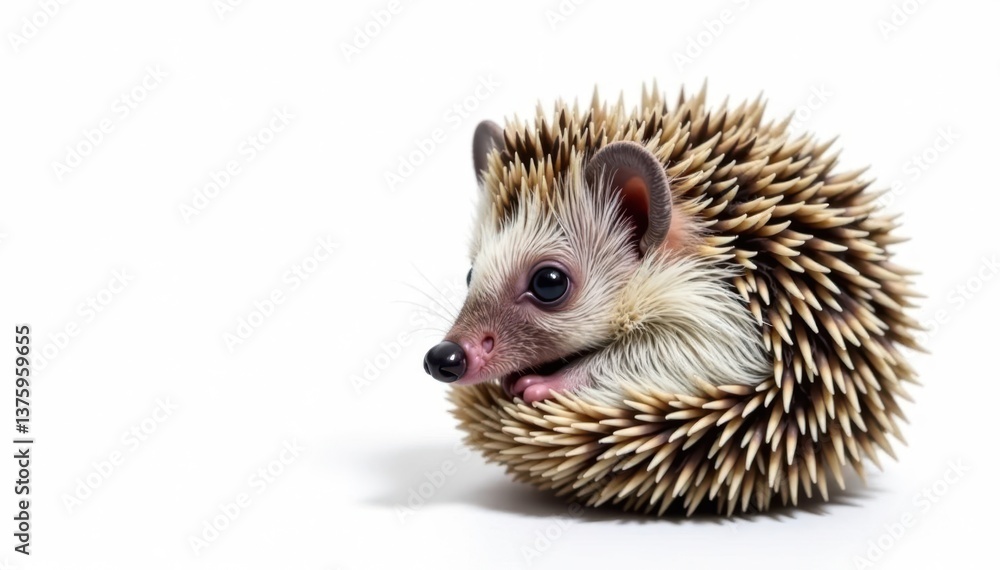 Tiny hedgehog curled in a ball, white background, cute, prickles, animal Tiny hedgehog curled in a ball, white background, cute, prickles, animal