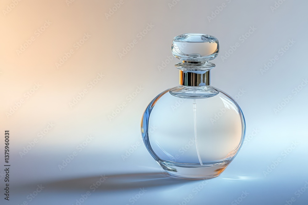 A clear glass bottle with a decorative lid and sprayer A clear glass bottle with a decorative lid and sprayer