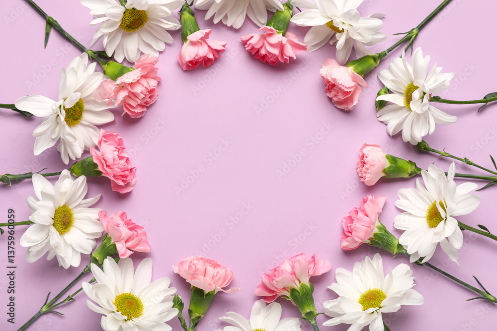 Frame made of beautiful carnation flowers on lilac background. Mother's Day celebration Frame made of beautiful carnation flowers on lilac background. Mother's Day celebration