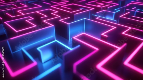 A geometric abstract illustration of a glowing neon maze pattern