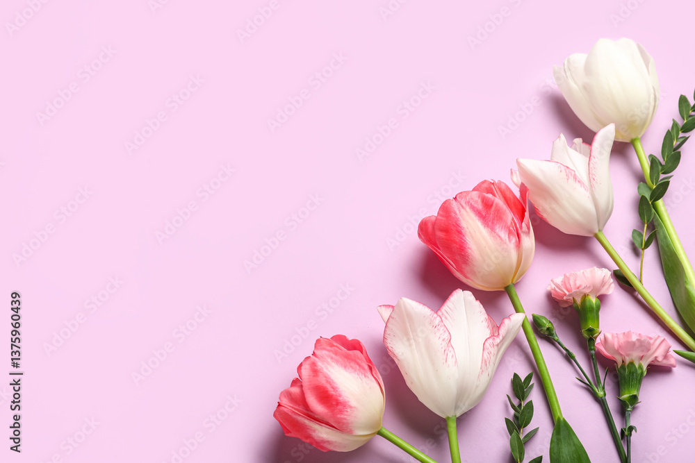 Beautiful tulips with carnation flowers and eucalyptus branches on lilac background. Mother's Day celebration Beautiful tulips with carnation flowers and eucalyptus branches on lilac background. Mother's Day celebration