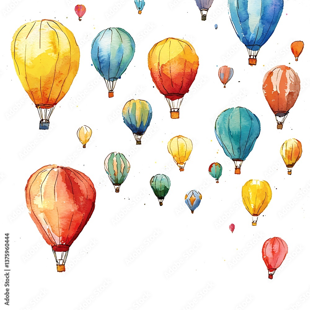 Naklejka premium Watercolor Painting of Colorful Hot Air Balloons Ascending. A whimsical illustration perfect for travel, adventure, or children's themes.