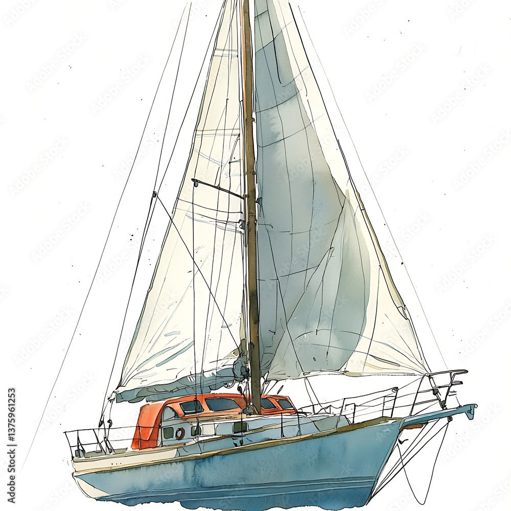 Fototapeta premium Sailboat Illustration A Stylish Watercolor Rendering of a Classic Yacht.