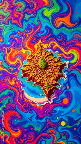 Surreal Sunburst Island in a Psychedelic Ocean