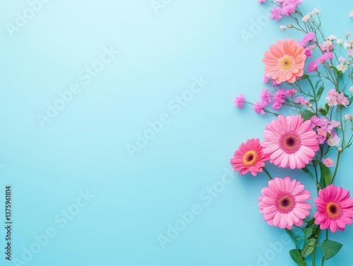 Beautiful arrangement of pink flowers on a blue background creating a fresh and vibrant aesthetic for decoration