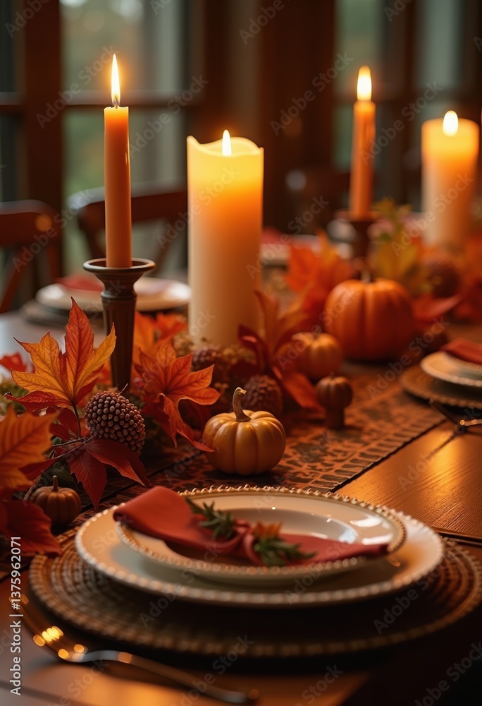Naklejka premium cozy thanksgiving table setup warm ambiance rustic decor candles centerpiece autumn elements, decorations, leaves, harvest, fruits, napkins, dinner, plates
