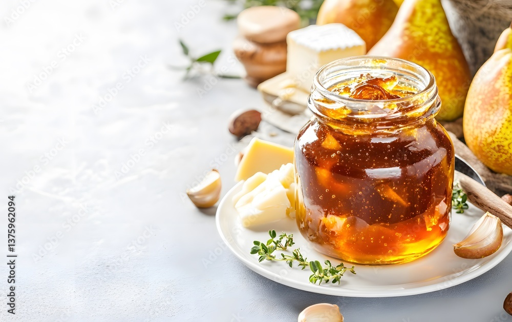 Delicious Pear Jam with Cheese and Thyme, Gourmet Food Photography Delicious Pear Jam with Cheese and Thyme, Gourmet Food Photography