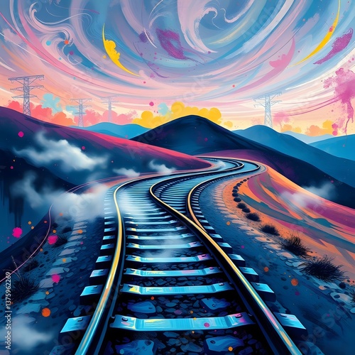 Surreal Railway Journey Through a Vibrant Landscape