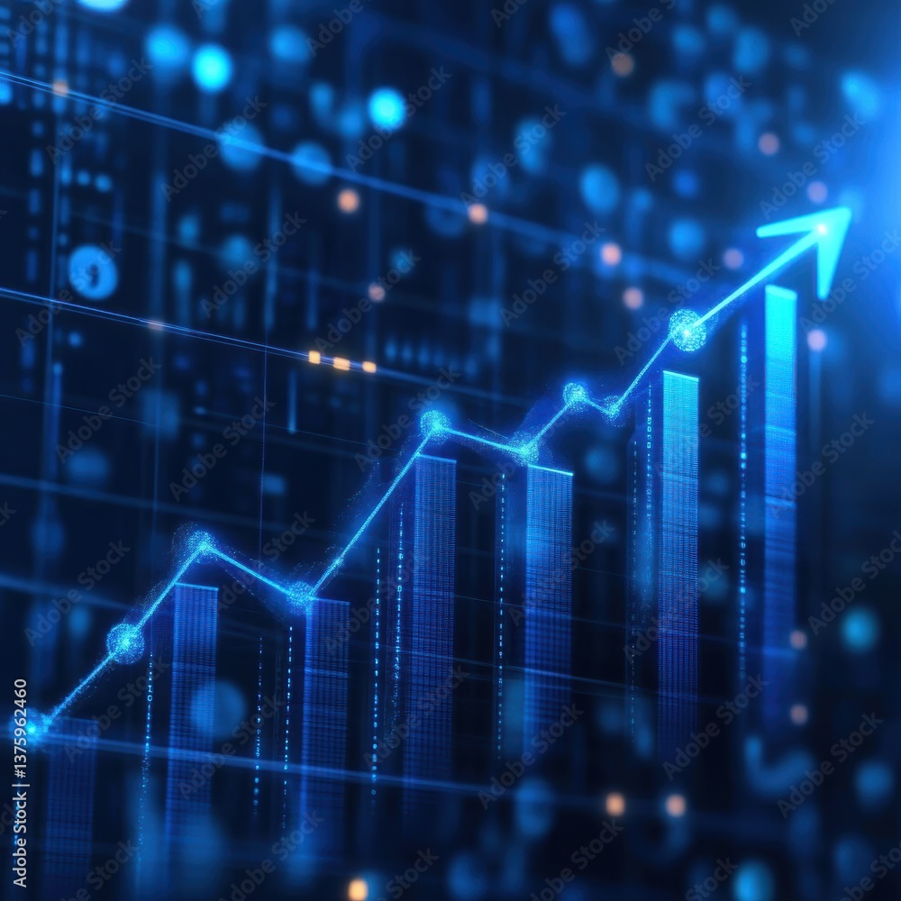A glowing blue line graph with an upward arrow on a dark background with bokeh effect and data points A glowing blue line graph with an upward arrow on a dark background with bokeh effect and data points