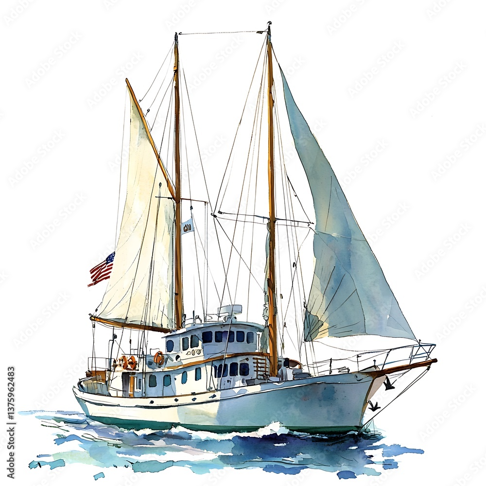 Fototapeta premium Classic Sailboat with American Flag at Sea A Watercolor Painting of a Luxurious Yacht.