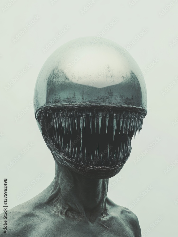 Terrifying humanoid creature with metallic dome head and razor-sharp teeth for horror, sci-fi and dark fantasy projects