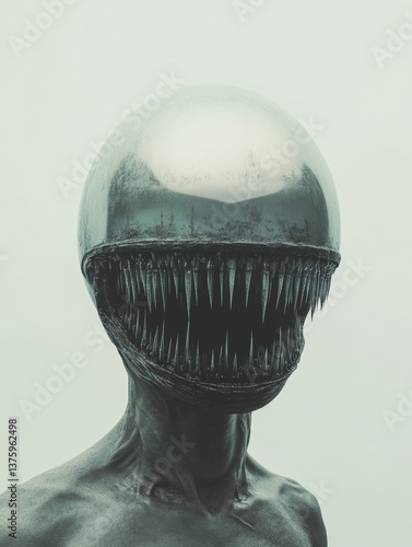 Obraz na płótnie Terrifying humanoid creature with metallic dome head and razor-sharp teeth for horror, sci-fi and dark fantasy projects w salonie