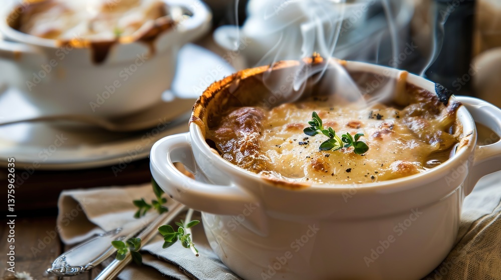 Classic French Onion Soup: Melting Gruyère Cheese over Caramelized Onions, Wood-Fired Aroma in Rustic Pot Classic French Onion Soup: Melting Gruyère Cheese over Caramelized Onions, Wood-Fired Aroma in Rustic Pot