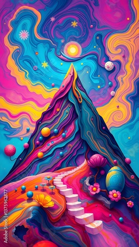 Surreal Mountain Landscape with Psychedelic Sky